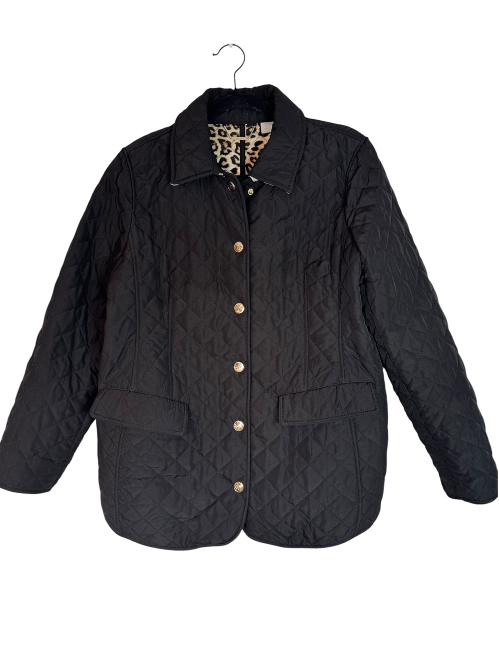 Chico's Black Size 12 Quilted Snap Front Coat with Leopard Lining